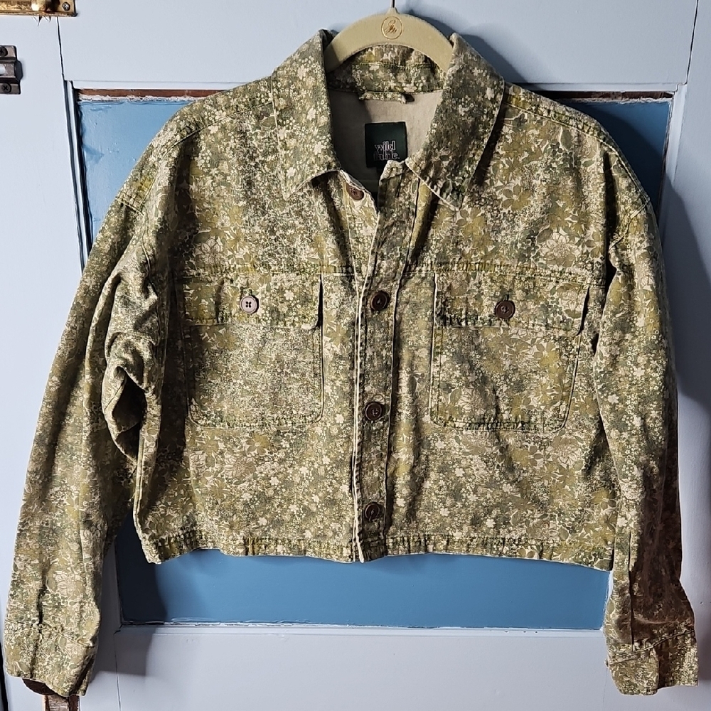 Wild Fable Green Floral Cotton Denim Crop Longsleeve Jacket Small - Picture 3 of 9